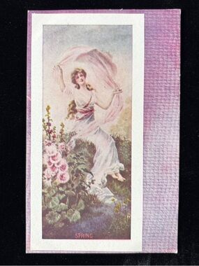 Antique Spring Postcard Pretty Lady Art Nouveau Pink Hollyhocks Unposted c 1910